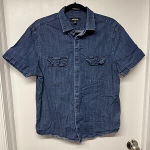 Express Mens Double Pocket Denim Short Sleeve Button Up Shirt Blue Jean Large